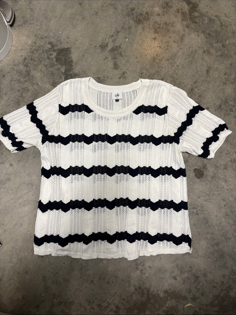 CAbi White & Navy Knit Short Sleeve Striped Top